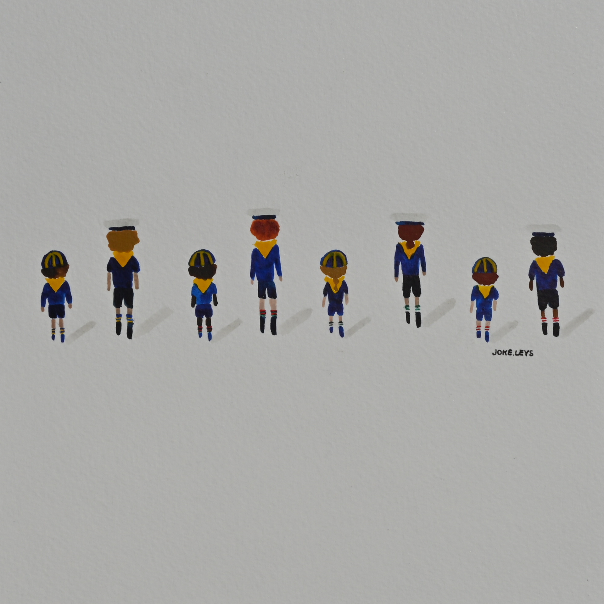 Kleurrijk kunstwerk Aquarel tekening Zeescouts in uniform op een rij