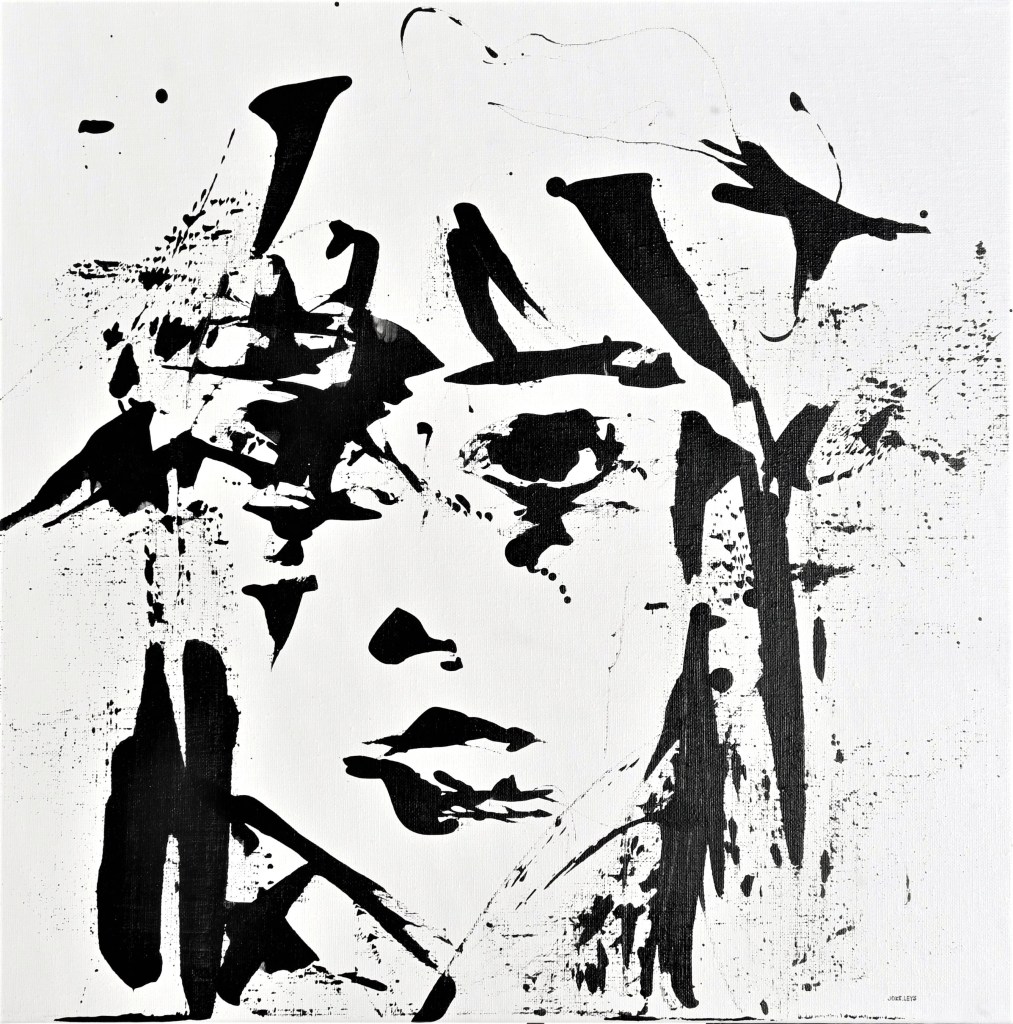 Abstract black‑and‑white portrait of a face painted with bold, expressive brushstrokes on a white background.