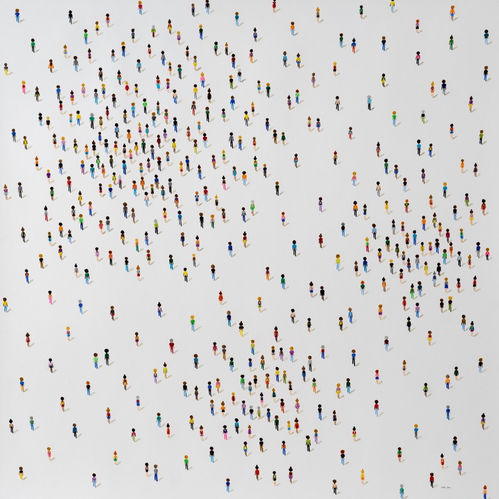 Graphic composition featuring many small, colorful figures scattered across a white background, resembling people seen from above.